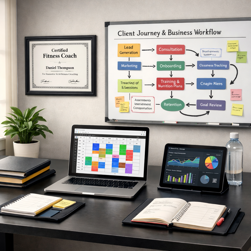 A professional workspace with a digital tablet displaying a business systems flowchart and operational architecture diagram for a fitness coaching practice.
