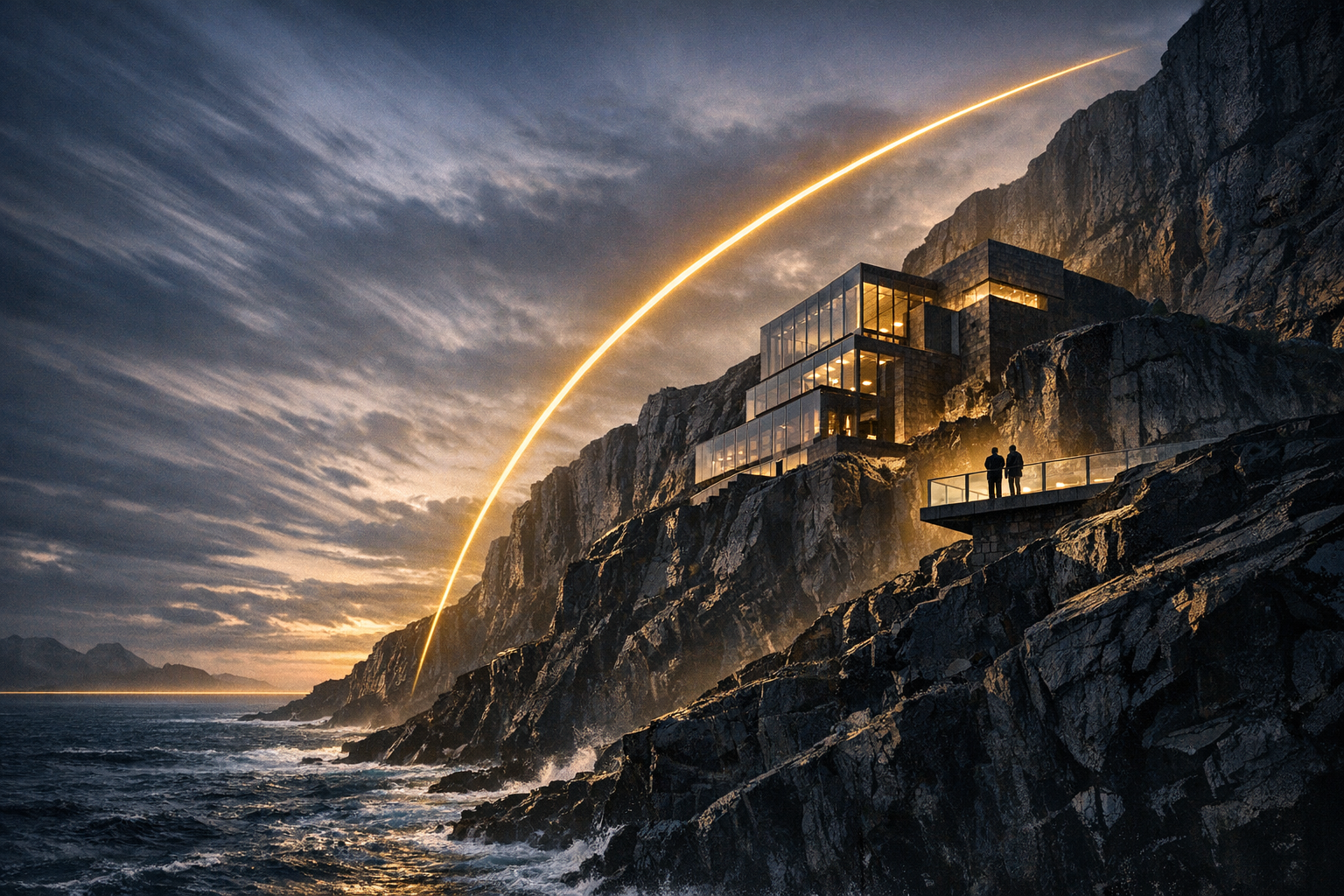 Photorealistic, cinematic landscape of a Nordic coastal cliff at sunrise: a modern glass-and-stone citadel embedded in dark granite, towering above a 
